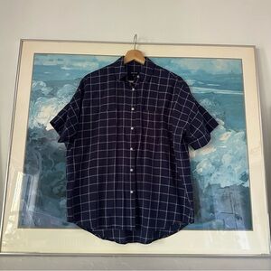 Navy blue with white grid pattern courier shirt by Madewell.